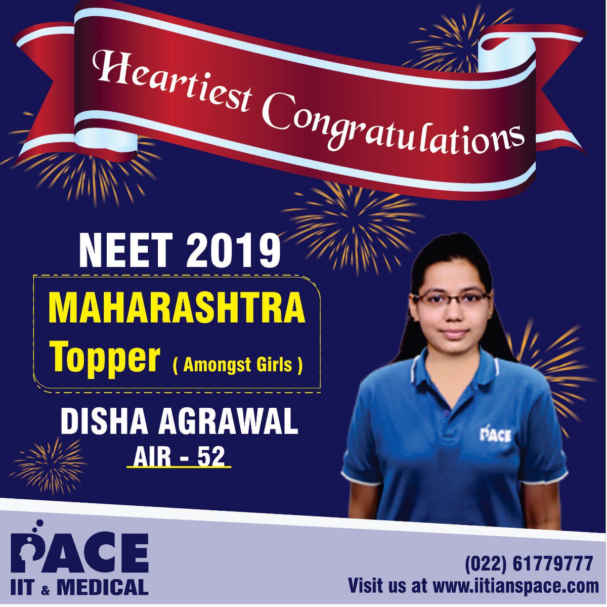 IITians_PACE's tweet photo. Heartiest Congratulations to Disha Agrawal for her outstanding performance in NEET 2019.
.
#NEET2019 #MaharashtraTopper #AkolaTopper #medical #iitianspace https://t.co/X1OlJssQPh