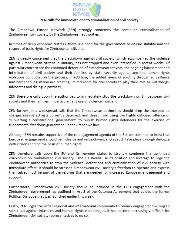 Zim_Europe's tweet photo. Zimbabwe Europe Network calls for immediate end to criminalisation of civil society 👇 https://t.co/dgN1siPVNi