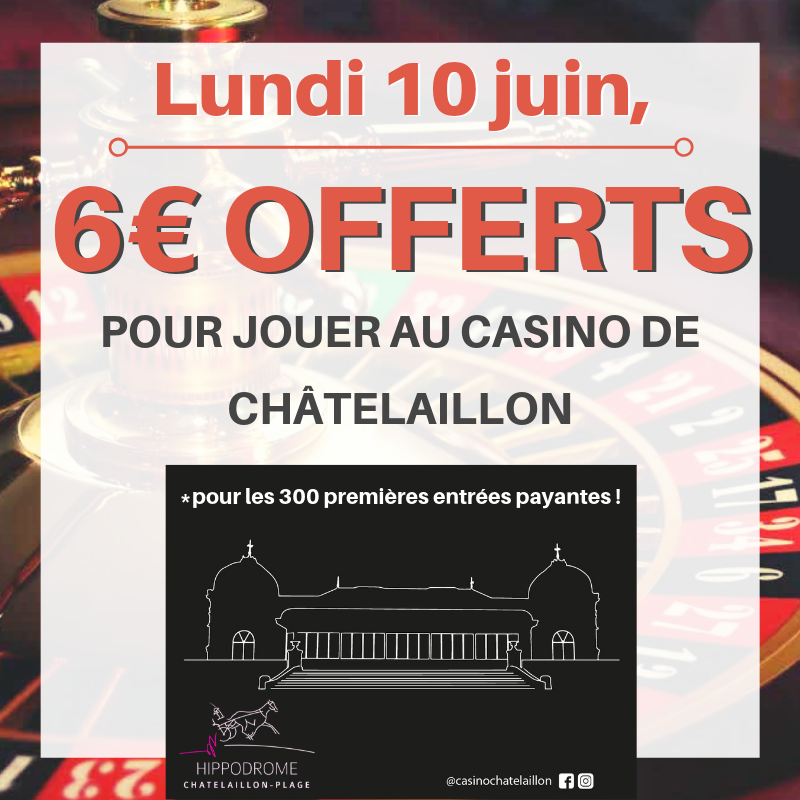 hippochatel's tweet photo. Gagnez un bon de 6€ pour jouer au Casino de @Chatelaillon en venant aux courses lundi 10 juin ! Attention, offre réservé aux 300 premières entrées payantes. https://t.co/XmnMYKGrAP
