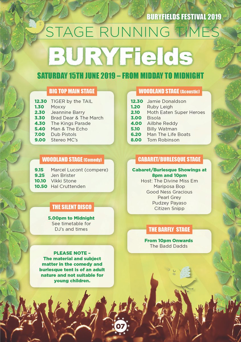 Just one week until BURYFields 2019 and here are all the stage times! #festival #buryfields2019 #livemusic #chesham #chilterns #comedy #craftbeer #stereomcs #tomrobinsonband #dubpistols #endofthemetline #burlesque #bucks #herts #beds Tickets at buryfields.co.uk