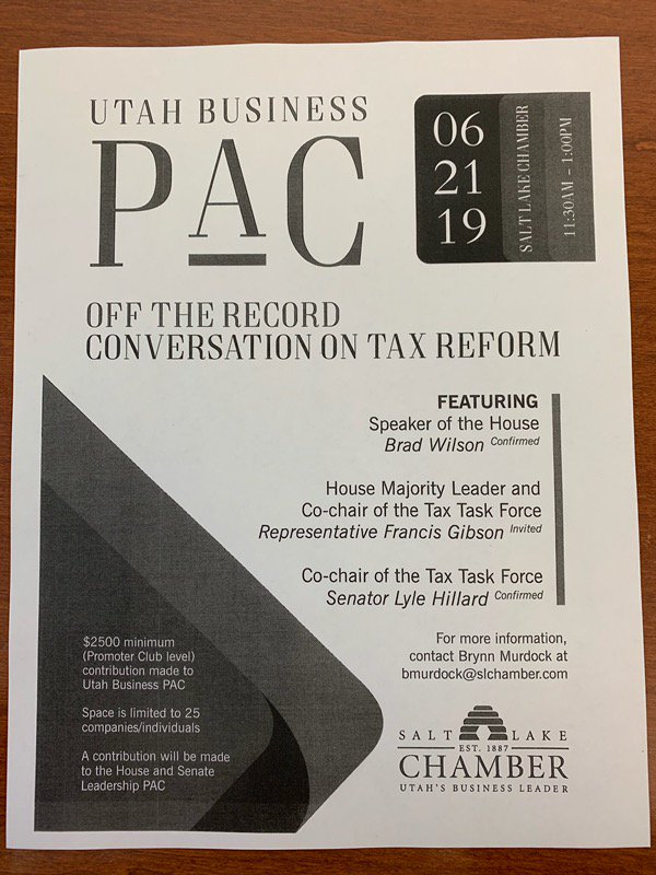 EXCLUSIVE: Salt Lake Chamber scraps plan for pricey 'off-record' meeting with lawmakers; Advocates say "shady" tax reform  event raised concerns of backroom deals, financial influence bit.ly/2EXbsrw #utpol