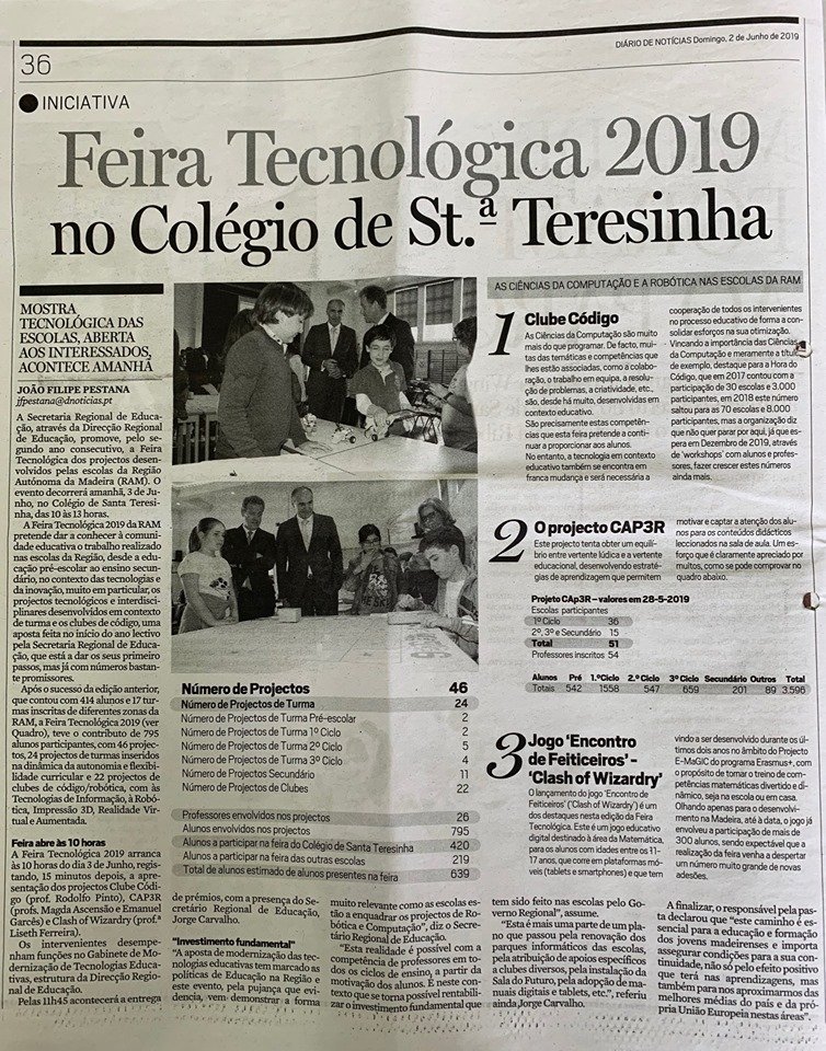 EDUCATICRAM's tweet photo. A Feira Tecnológica 2019 em destaque na edição impressa do @dnoticiaspt  
|| Domingo, 02 de junho de 2019 ||
#educaticram #cap3r #clashofwizardry #erasmusplus #FeiraTecnológica2019 https://t.co/Yzmvy3xKVf