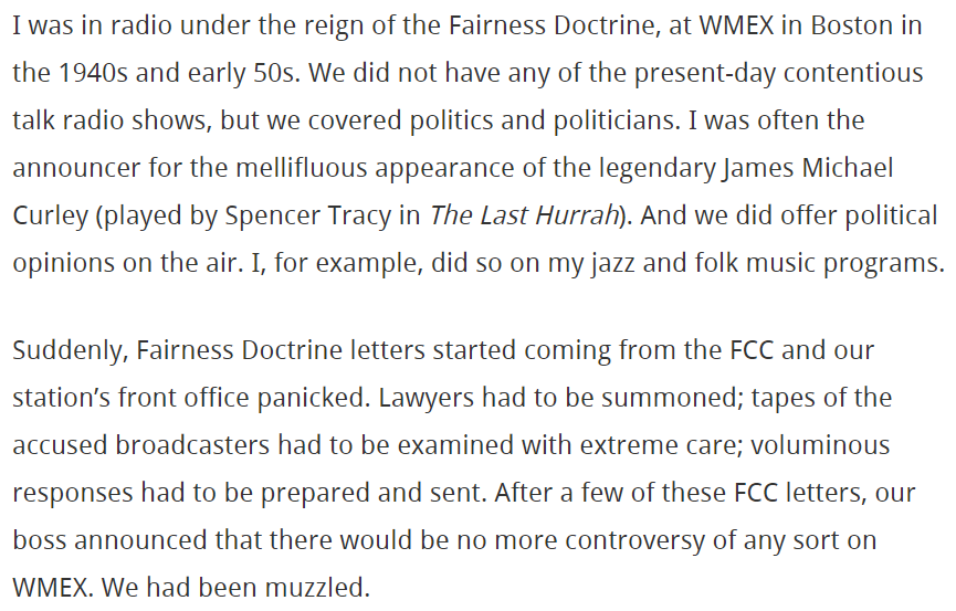 for those glorifying the Fairness Doctrine, I encourage them to read the great Nat Hentoff's essay, "The History & Possible Revival of the Fairness Doctrine," about real-world experience of life under the FCC's threatening eye. Read passage below...  https://imprimis.hillsdale.edu/the-history-and-possible-revival-of-the-fairness-doctrine/