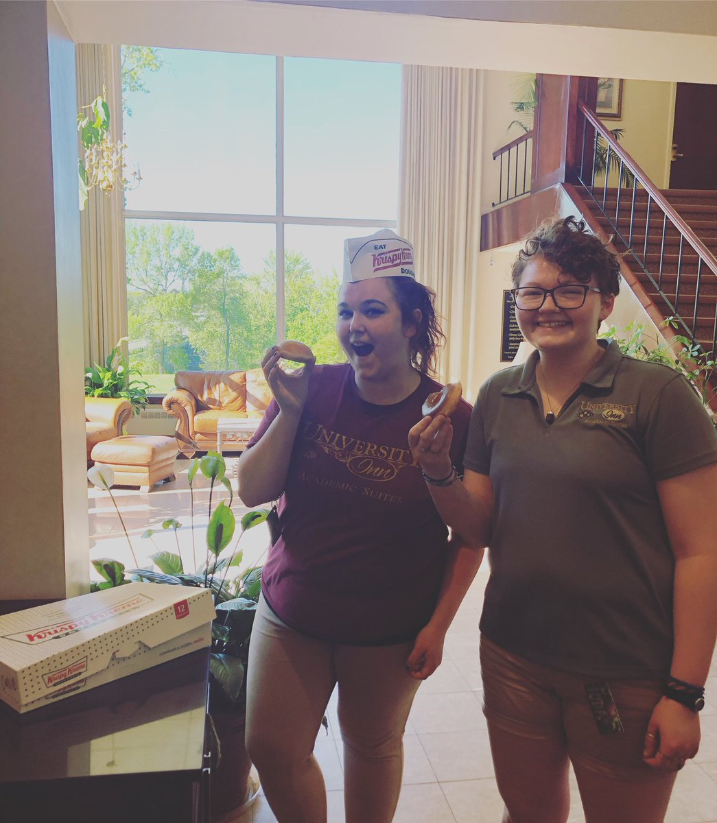 universityinn's tweet photo. Our staff enjoying some Krispy Kreme donuts for #nationaldonutday🍩 ! Which do you think is better, @dunkindonuts  or @krispykreme ? https://t.co/sXuJWh6Qtr