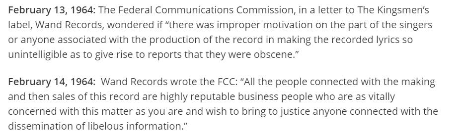 or go back and review the amazing FCC (and FBI!) investigation of The Kingsmen’s song “Louie Louie,” due to fears about its unintelligible lyrics.  https://wtop.com/music/2015/04/inside-the-fbis-obscenity-investigation-of-louie-louie/ That's your "Golden Era" of broadcast regulation for you!