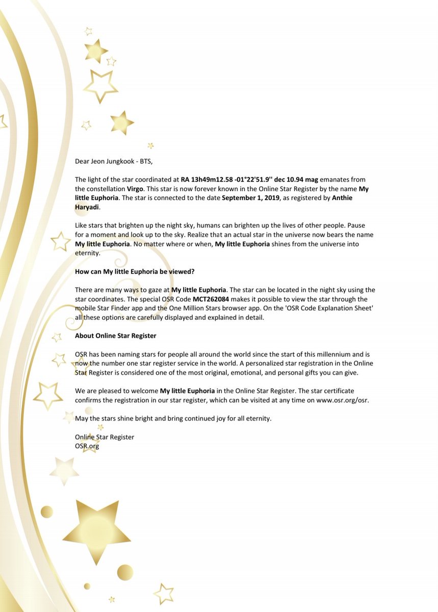 BathewJk's tweet photo. Dear Jeon Jungkook @BTS_twt i bought a star in the sky under your name to celebrate your upcoming birthday. like stars that brigten up the night. u brighten up my life for the past 6 years. and this little gift is nothing than what u have done to my life. https://t.co/GUu0rCt7EH