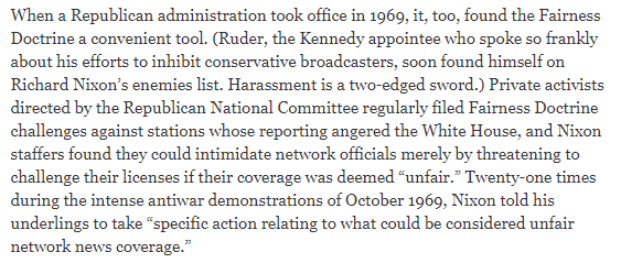 and then there was the "golden era" of broadcast regulation under Nixon, where regulatory harassment intensified to counter what had happened during Democratic administrations. See this 2007  @notjessewalker essay:  https://www.theamericanconservative.com/articles/tuning-out-free-speech/ Snipped passage below is amazing.