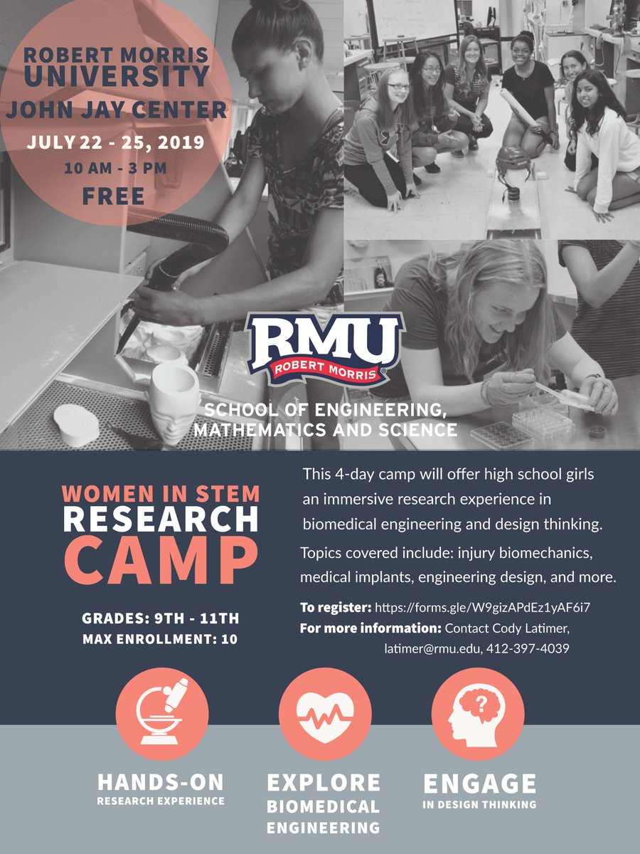 RMU_SEMS's tweet photo. The RMU SEMS "Women In STEM Research Camp" registration is now open! Designed specifically for women high school students grades 9-11, this FREE 4-day camp (July 22-25th) will offer high school girls an immersive research experience in biomedical engineering &amp; design thinking. https://t.co/Fj9Fmof5ec