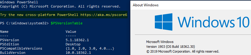 guyrleech's tweet image. Fresh install of Windows 10 1903 and #PowerShelll is promoting #PowerShellCore 🙂
Probably about time I started to have a play with v7 although finding the time will be tricky