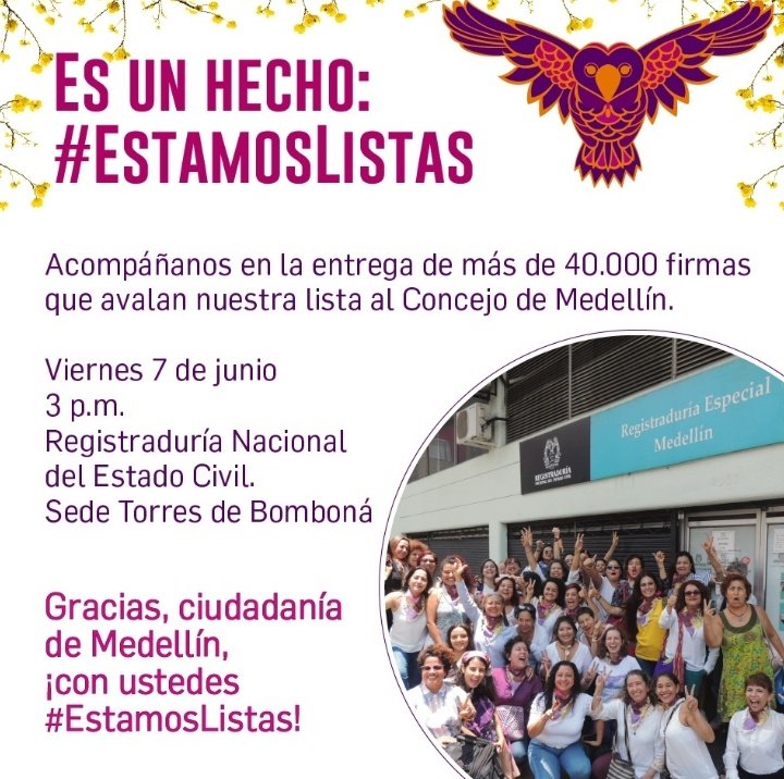 Estamos_Listas's tweet photo. Es un día histórico: por primera vez en el país un movimiento de mujeres presenta una lista para un concejo municipal. ¡Vamos por el Concejo de Medellín! #EstamosListas https://t.co/SEAFqPH83H
