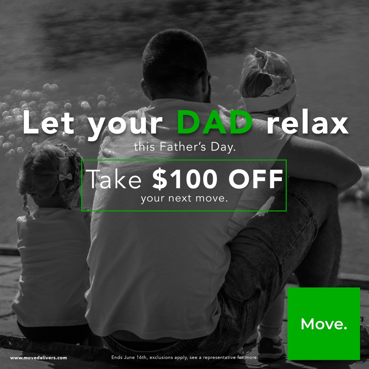 MoveDelivers's tweet photo. Let your dad relax this Father’s Day! Take $100 off your next move until June 16th! (You don’t have to move before that date, you only have to schedule it before then)

#MOVE #FathersDaySale #MovingSale #MoveServices #MoveDelivers #Movers https://t.co/b5cIzSWsTU