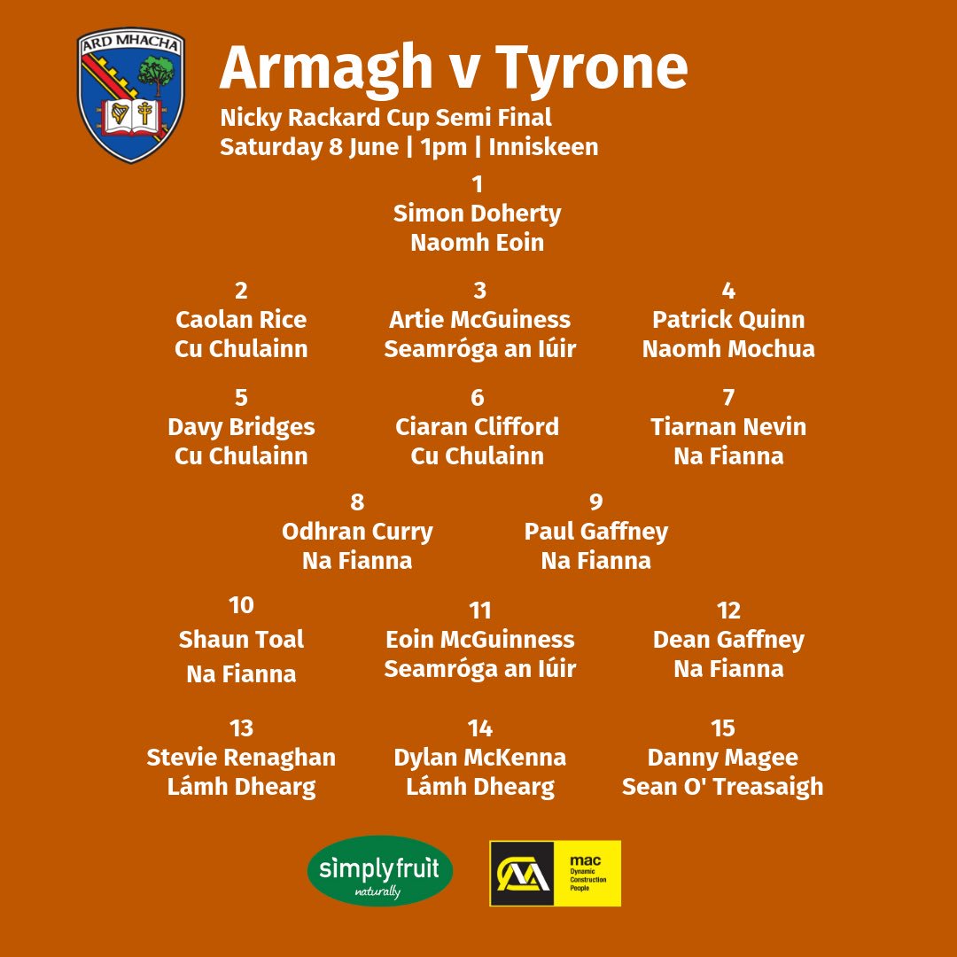 TEAM ANNOUNCEMENT: The Armagh Hurling team who take on Tyrone in the #NickyRackardCup Semi-Final tomorrow has been named. Throw-in at 1pm in Inniskeen. Best wishes to all our senior hurlers in the Semi-final. 
#ArdMhachaAbú 
#NickyRackard 
#GAABelong