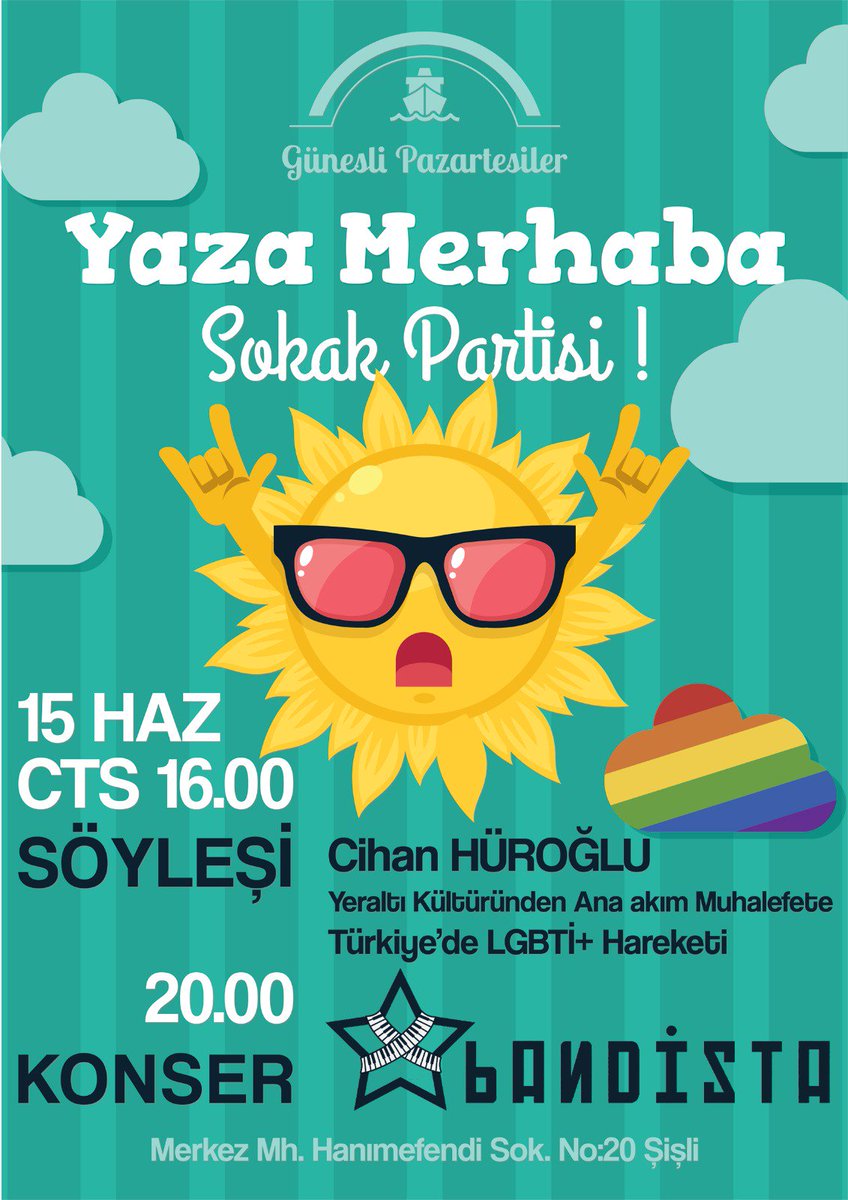 guneslipztler's tweet photo. 15 Haziran'da Sokak Partisi ile yaza merhaba diyoruz. ☀️

#GüneşliPazartesiler #yazamerhaba #parti #bandista #tayfabandista #pride #onurhaftası #lgbti+ #Şisli #bomonti #hanımefendisokak #merkezmahallesi #15Haziran https://t.co/uig4QSqS0O