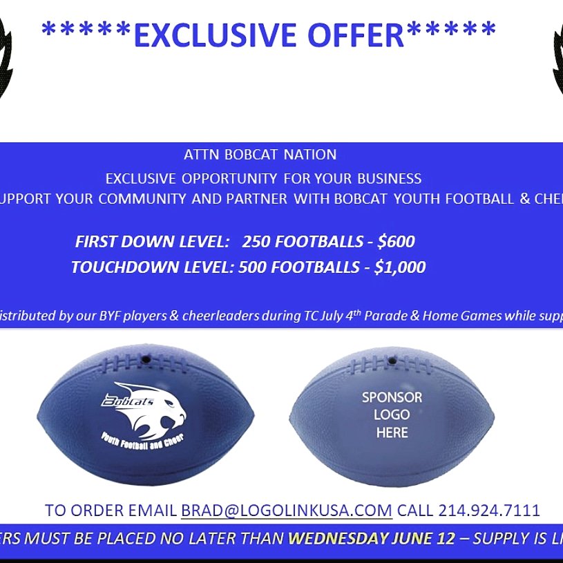 Looking for an opportunity to boost your business or just want to partner with Bobcat Youth Football &amp; Cheer???

Here is an amazing deal, we would love to see as many local businesses on these footballs. We want to support you as much as the community supports us!

Details below!