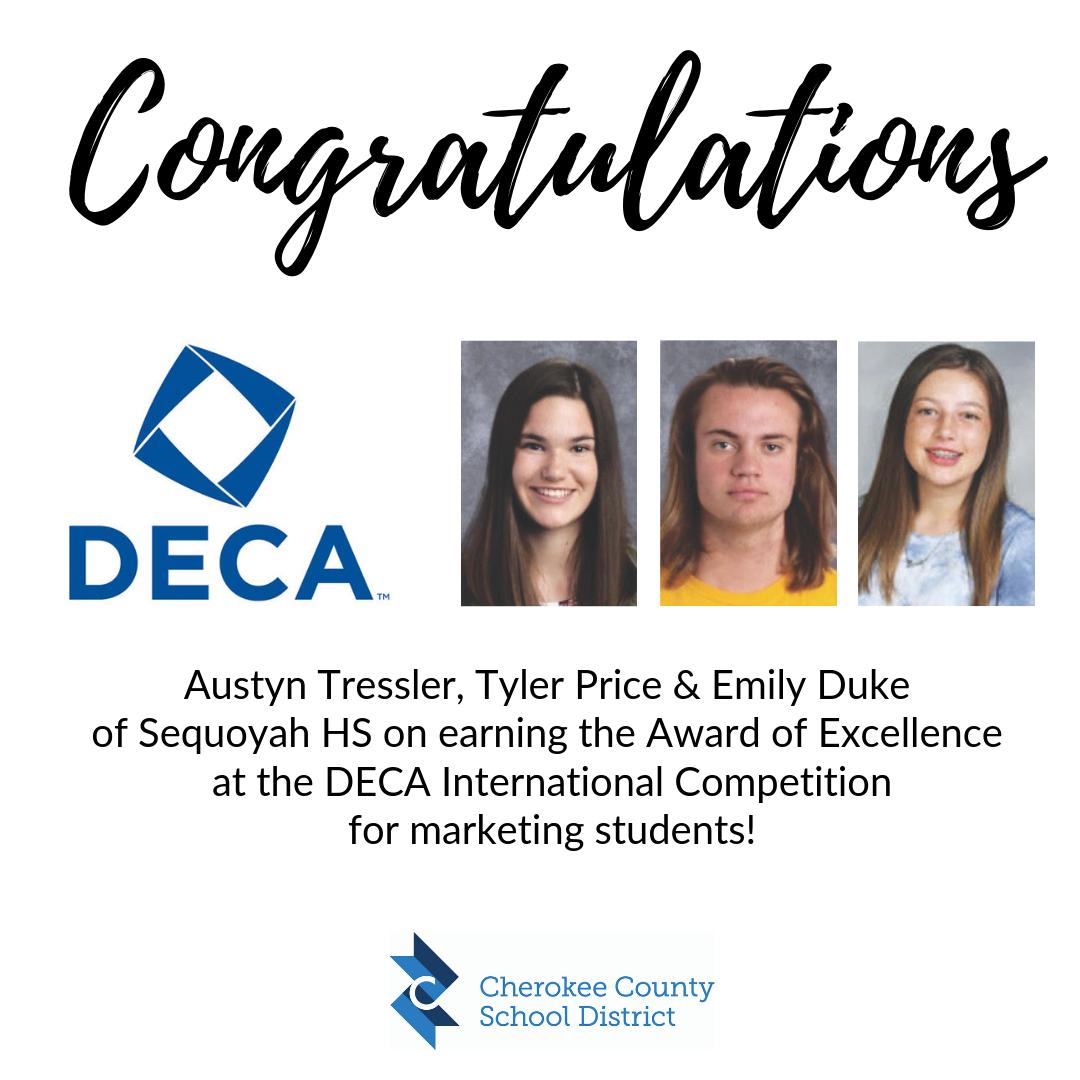 CherokeeSchools's tweet photo. Sequoyah High School DECA student marketing association members earned top honors at the 2019 DECA International Career Development Conference in Orlando! More: https://t.co/mrlyvRxyE9  
#CCSDfam https://t.co/SWJdaRSqlY