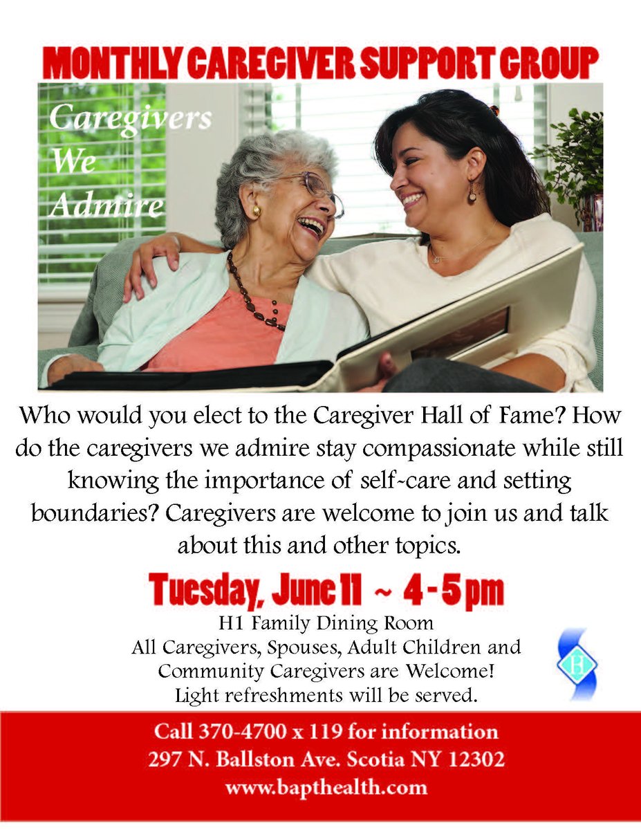 BaptistHealth1's tweet photo. Monthly Caregiver Support Group, Tues. 6/11, 4-5 pm. Baptist Health Nursing &amp; Rehab Center, 297 N. Ballston Ave. Scotia. All community and family caregivers are welcome. https://t.co/2Ofklayztp