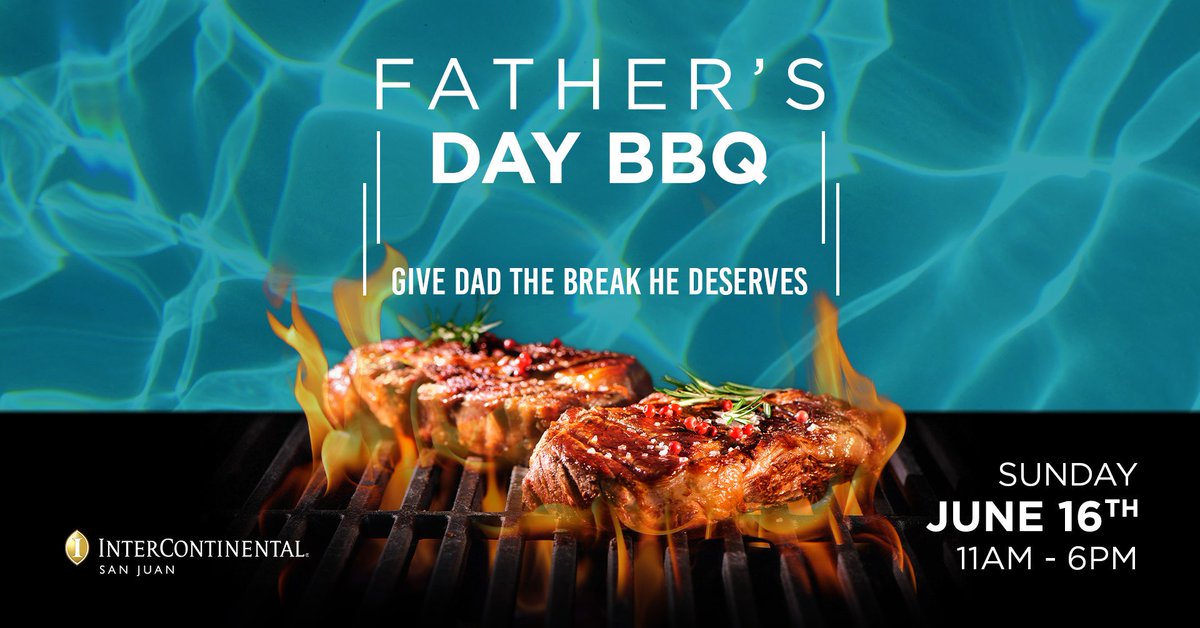 InterContinental SJ (@interconsanjuan) on Twitter photo Father's Day BBQ 🔥
Give dad the break he deserves!
Enjoy a BBQ buffet with all your favorites, and a Pool Party with live DJ entertainment.
June 16th
11:00 AM - 6:00 PM
$39 Adults
$19.50 Children
Reservations: marangelie.perez@ihg.com
More Info: facebook.com/events/5252479… Father's Day BBQ 🔥
Give dad the break he deserves!
Enjoy a BBQ buffet with all your favorites, and a Pool Party with live DJ entertainment.
June 16th
11:00 AM - 6:00 PM
$39 Adults
$19.50 Children
Reservations: marangelie.perez@ihg.com
More Info: facebook.com/events/5252479…