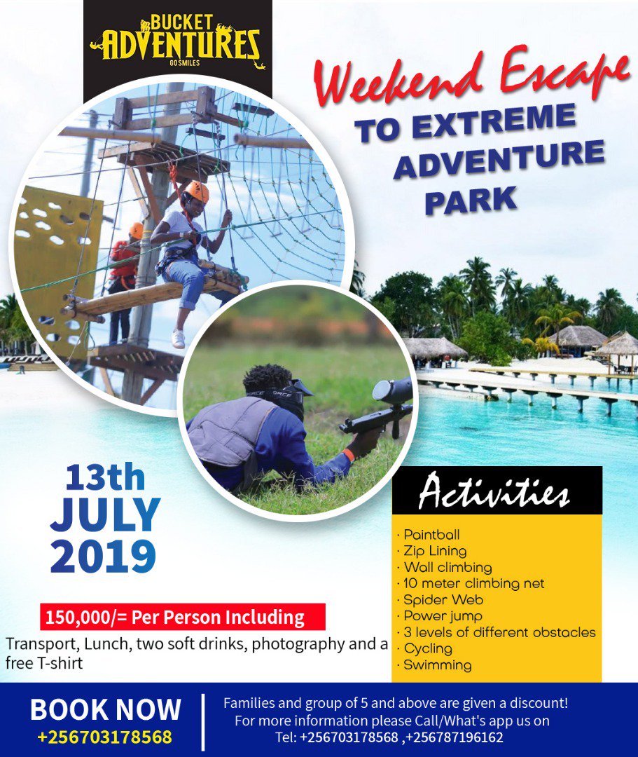 bucketadventurs's tweet photo. Who's ready to join us on an exciting adventure to Extreme adventure park
-
Book your slot now by calling the number on the Flier. 

#BucketAdventures #LetsGetYouThere #holiday #vacation  #escape #VisitUganda https://t.co/I3V2aRXitb