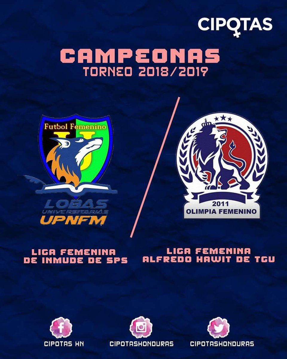 cipotashonduras's tweet photo. 🏆 Las campeonas de este torneo 2018/2019 en las dos ligas femeninas más populares de #Honduras ⚽️🇭🇳

📌 San Pedro Sula: UPN 🥇
📌 Tegucigalpa: Olimpia 🥇

¡FELICIDADES! Por más el próximo torneo cipotas. 🙆‍♀️⚽️ https://t.co/5qYVQEXVMr