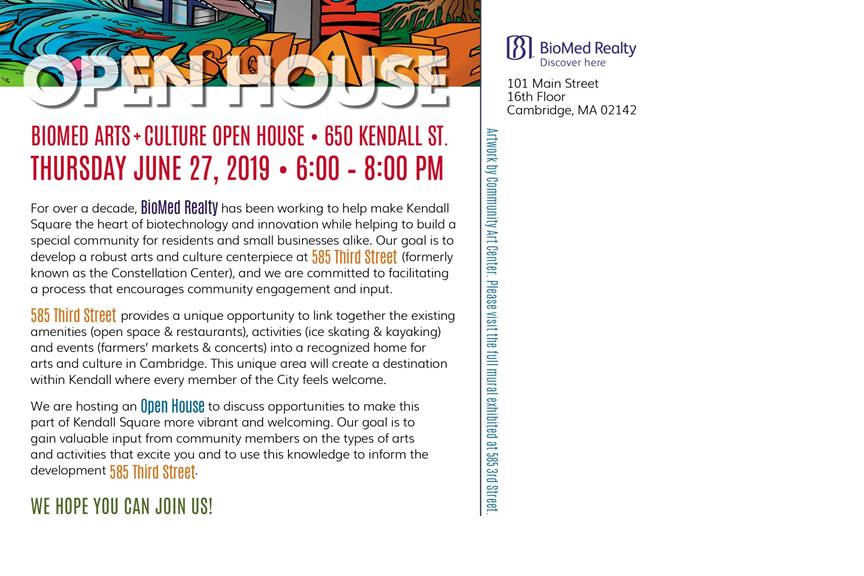 Save the date and attend <a href="/BioMedCambridge/">BioMed Realty Cambridge</a>'s Arts &amp; Culture Open House, all are encouraged to join us to give your input and inform the development of this exciting new space: Thurs June 27th 6:00 - 8:00 PM at 650 Kendall St  @kendall_square