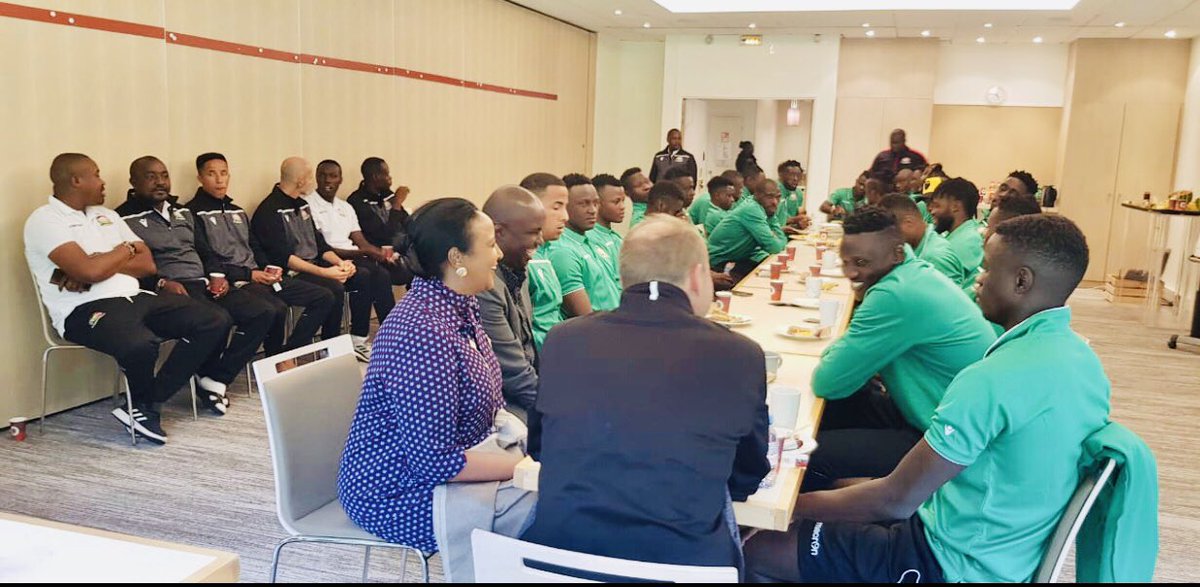 AMB_A_Mohammed's tweet photo. Exciting moments meeting with #HarambeeStars ahead of their friendly #AFCON2019 match with Madagascar this evening.The team is In high spirits and ready to play. Go 🇰🇪 #Tunaweza #FIFA #AFCON2019 #TwendeKazi https://t.co/2f2D1Ox01g