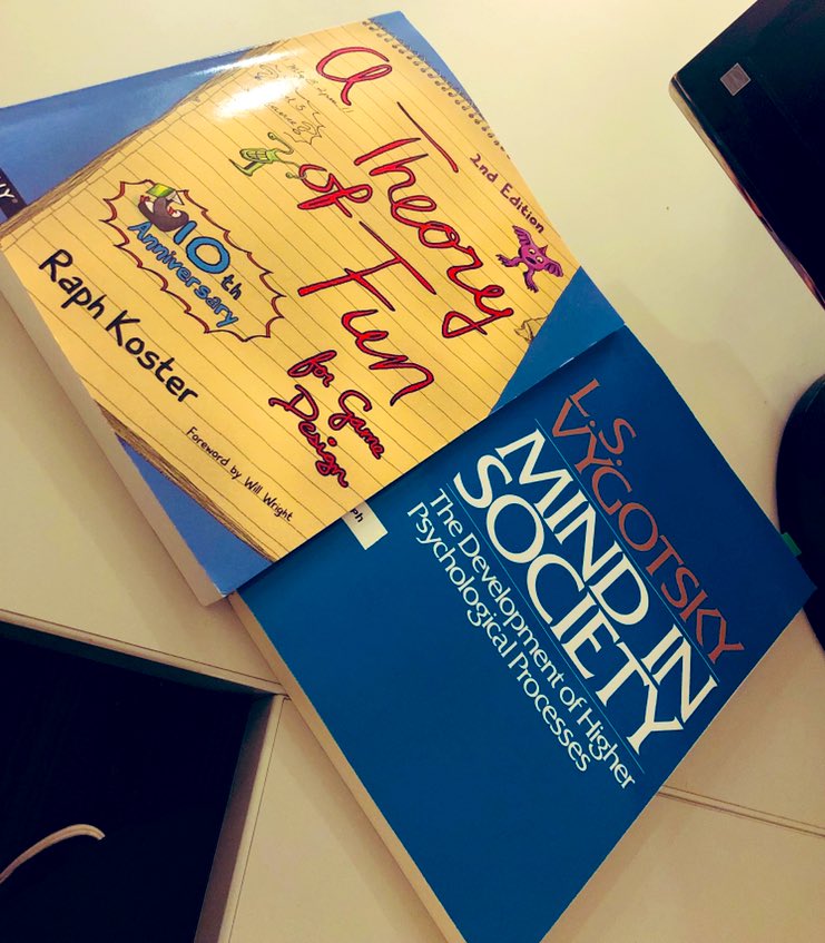 therachelralph's tweet image. Wonder if other scholars have these two books next to each other ? This is what happens when you study fun! Lol #challengethesystem #vygotsky #mindinsociety #koster #atheoryoffun @raphkoster #edtech #research #theoreticalframework