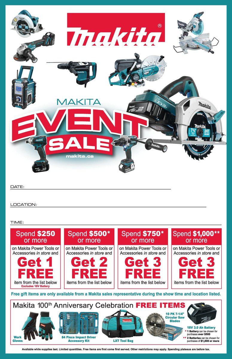 BulkleyValleyBC's tweet photo. Tool Sale and Charity BBQ at BV Home Centre. Makita tool deals. https://t.co/bG3kjG7eyd