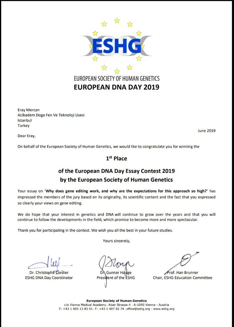 Acıbadem Doğa Fen ve Teknoloji Lisesi hazırlık sınıfı öğrencimiz Eray Mercan, EUROPEAN SOCIETY OF HUMAN GENETICS tarafından düzenlenen makale yarışmasında 1.oldu... 'Dünyayı iyi yetişmiş çocuklar yonetecek' @AliRizaLule @nurhansutlass @YelizAyin @KilicozMuhammet