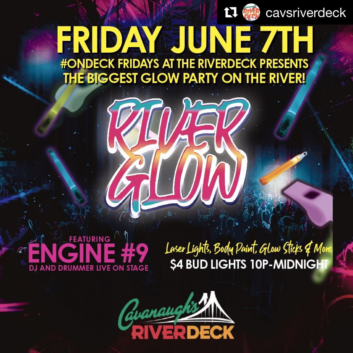 Engine9's tweet photo. Tonight at @cavsriverdeck @Engine9 and @knappy will take the stage!  Come get you #glow on! #plurlife #EDMFamily #housemusic #djdrummer #liveremix https://t.co/mcYhwXNwQ1