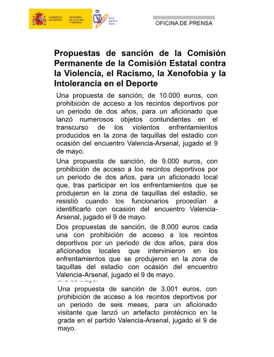 ODValencia's tweet photo. #ValenciaCF 🦇🏆

Propuestas de sanción por incidentes en el #VCFArsenal

-aficionado lanzó objetos contundentes zona de taquillas
-aficionado local se resistió a ser identificado
-dos aficionados locales por enfrentamientos en taquillas
-aficionado visitante que lanzó un petardo https://t.co/hh0q5qCK59