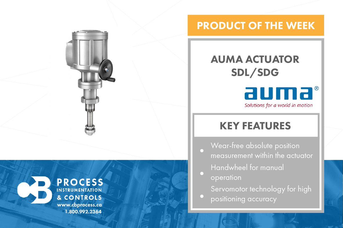 CBProcessCanada's tweet photo. Our #ProductoftheWeek is Auma's SDL/SDG Actuator. These electronic actuators are designed for demanding control automation tasks in industrial environments with potentially explosive atmospheres.

#AUMA #Actuators #Industrial #CBProcess https://t.co/Ps0ljxEAby