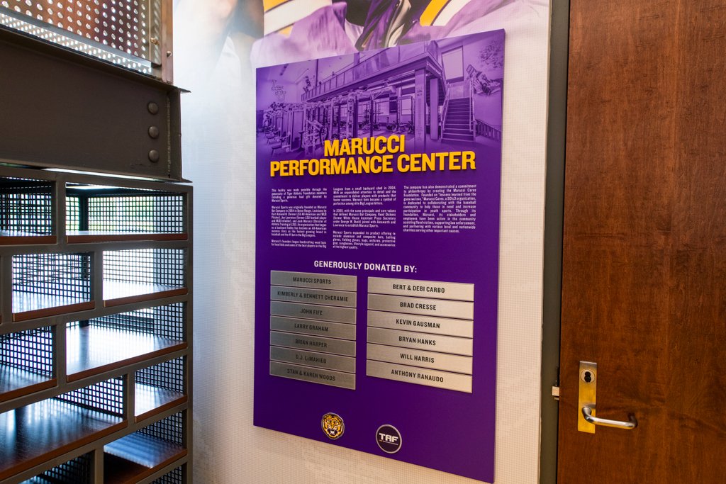 lsutaf's tweet photo. The Marucci Performance Center is pure gold (and purple). This incredible facility now serves as a second home to @LSUBaseball. This was made possible through the generosity of TAF members including a lead gift from @MarucciSports. https://t.co/d6sVJt3aAi