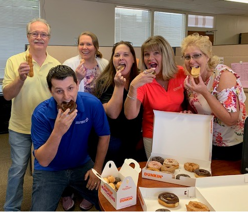 consolidatedPEO's tweet photo. Casual Friday and #NationalDonutDay at the same time?!  You can tell our team is enjoying their Friday Morning! #FridayFeeling #NationalDonutDay  #NationalDoughnutDay #ThisOfficerunsOnDunkins #DunkOut https://t.co/GWQCLUJ7QQ