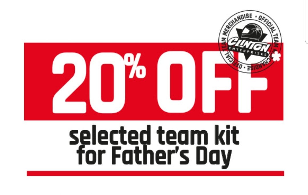 ClintonMerch's tweet image. Our Father's Day offer has been extended for the weekend! Use code DAD20 at checkout to recieve 20% off selected team clothing. Expires Sunday midnight
