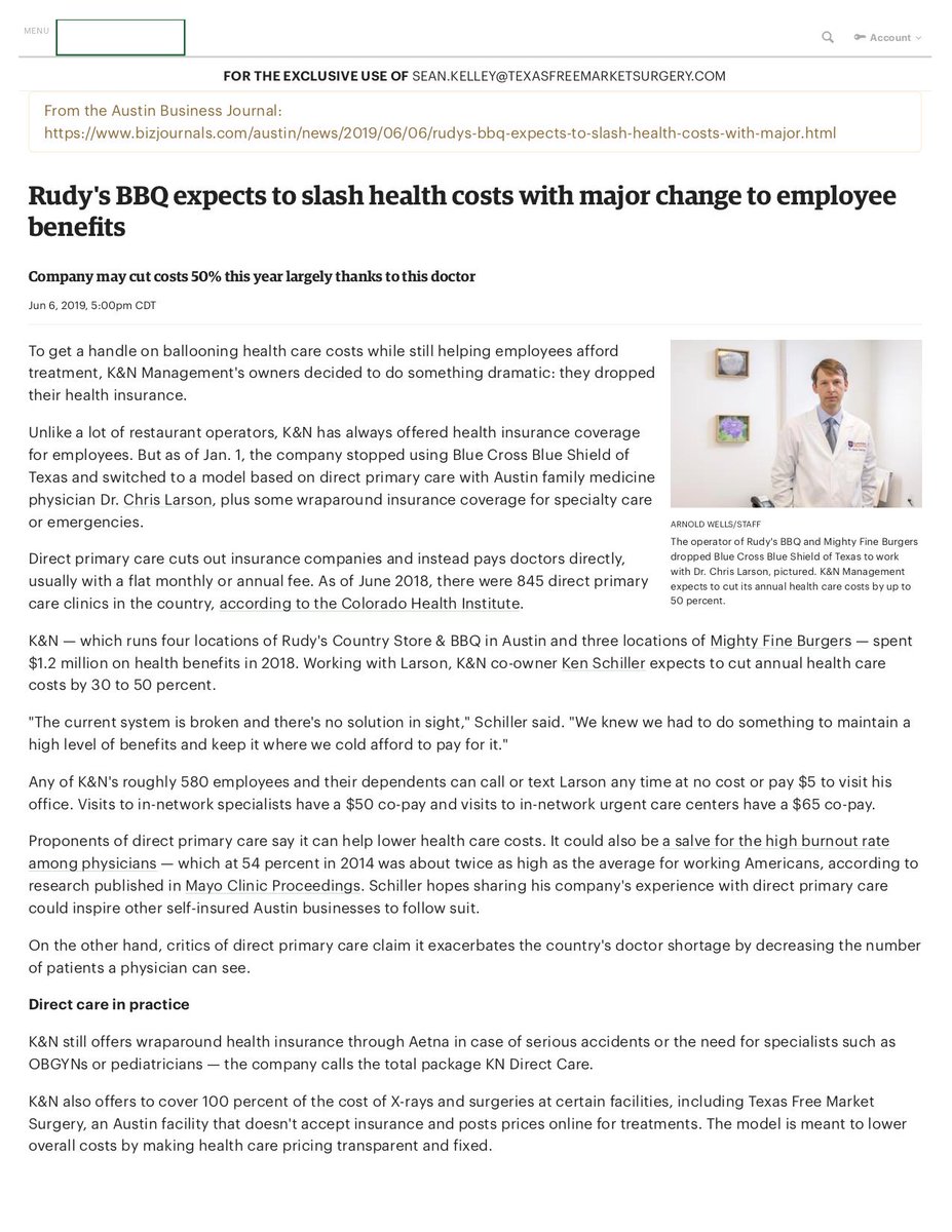 TXMedicalMan's tweet photo. "K&amp;N also offers to cover 100 percent of the cost of X-rays and surgeries at certain facilities, including Texas Free Market Surgery, an Austin facility that doesn't accept insurance and posts prices online for treatments." #HealthCare #Surgery @rudysbbq https://t.co/4kjowUOXGj