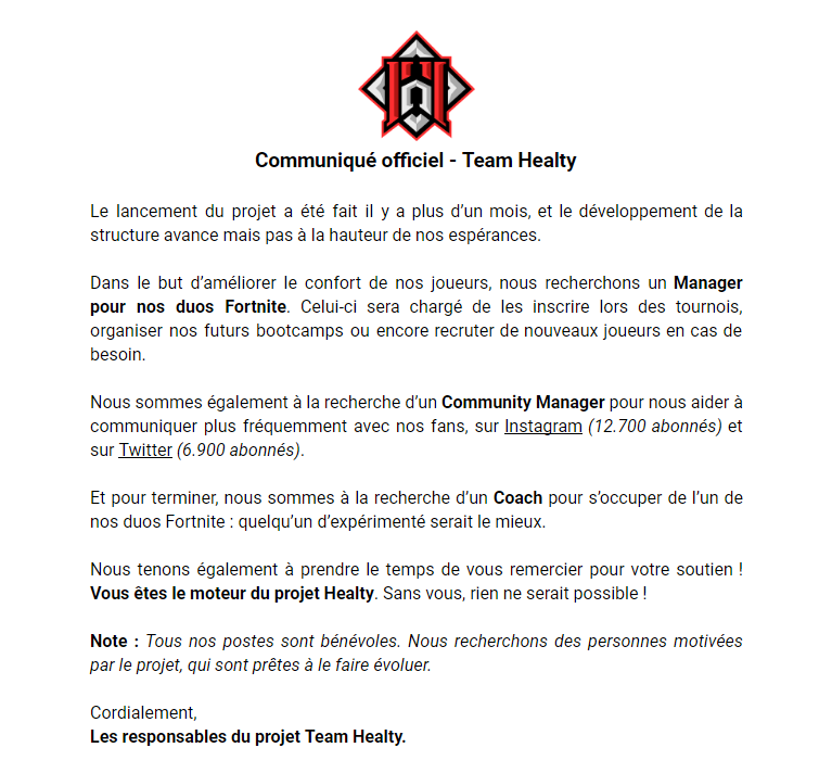 HealtyTV's tweet photo. Communiqué officiel - Recrutement @HealtyTV 👨‍💼 https://t.co/vxr3tn58Ta