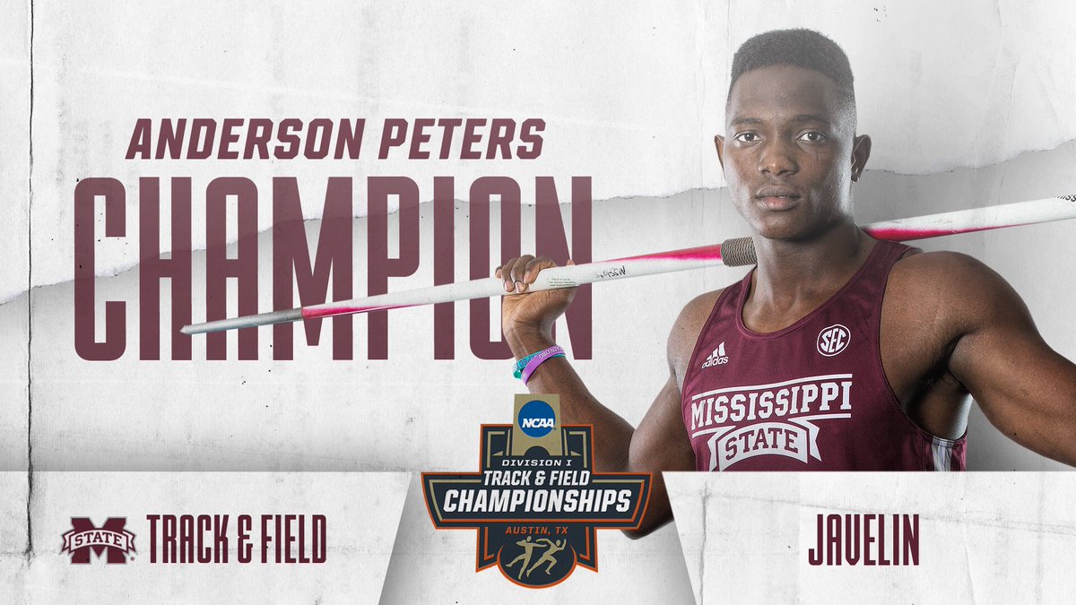 SAYFCarib's tweet photo. #NCAATFChampionships 🇬🇩Anderson Peters became just the THIRD Mississippi State University athlete to WIN CONSECUTIVE NCAA NATIONAL TITLES. He defended his title by surpassing his is own MEET RECORD TWICE with a winning throw of 86.62m. It is also a Grenadian NATIONAL RECORD https://t.co/rr5xFxIPeI