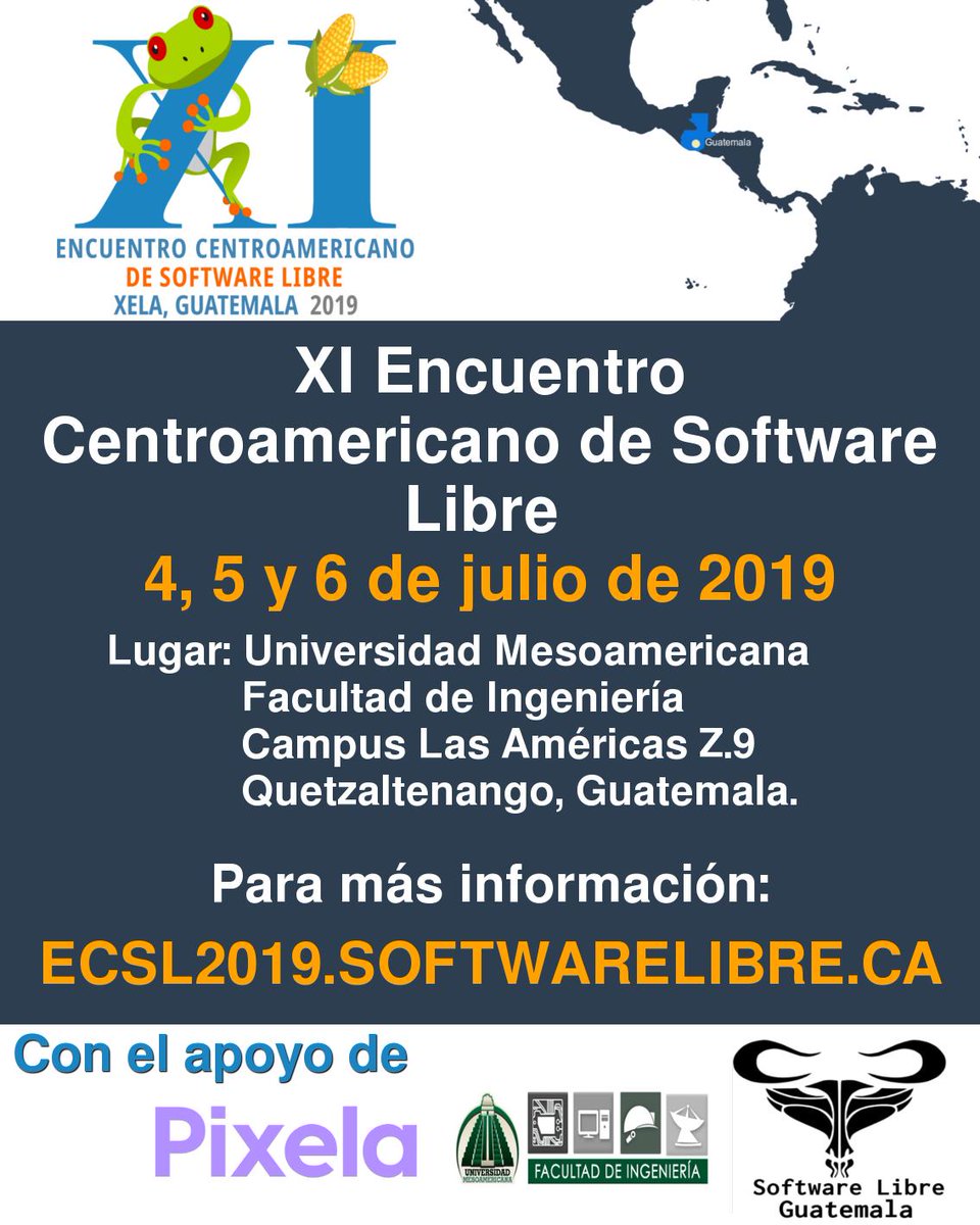Les esperamos en la ciudad de Quetzaltenango, en Guatemala para el el XI Encuentro Centroamericano de Software Libre. Tendremos ejes de Software, Hardware y Cultura libre. Participa! más información en ecsl2019.softwarelibre.ca/cms/inicio #ecslgt2019 #ecslxela2019