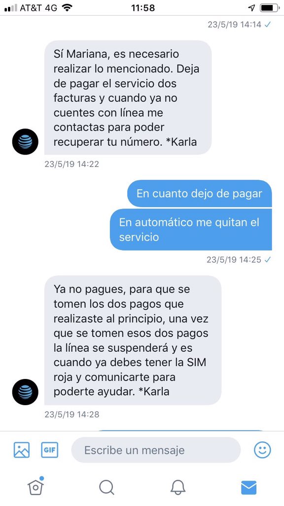 Mariianiizx's tweet photo. He dejado de pagar mi plan como me dijeron, ya no tengo ningún servicio en mi línea y desde el jueves les escribí y ya no me dan respuesta para continuar con mi proceso de recuperar mi número @Profeco @ATTMxAyuda @ATTMx AT&amp;T no me ninguna respuesta solo vueltas y vueltas. https://t.co/IucI198eTG