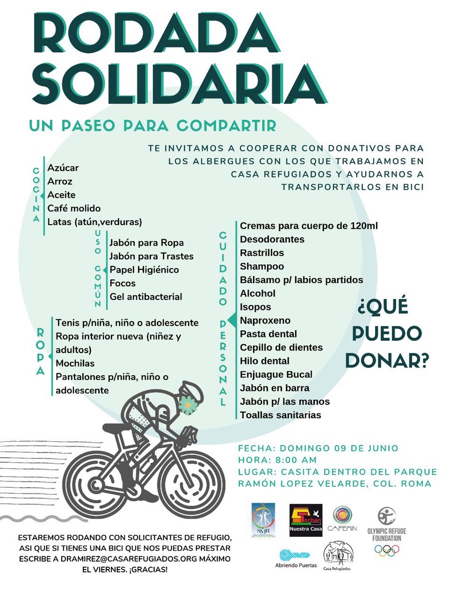 CasaRefugiados's tweet photo. Participa en la #RodadaSolidaria el domingo 9 de junio a las 8am, saldremos de La Casita en el parque Ramón López Velarde hacia las oficinas de Programa Casa Refugiados. Haremos acopio de víveres para los albergues que atienden personas en movimiento #ConLasRefugiadas https://t.co/tjFmnpWwGx