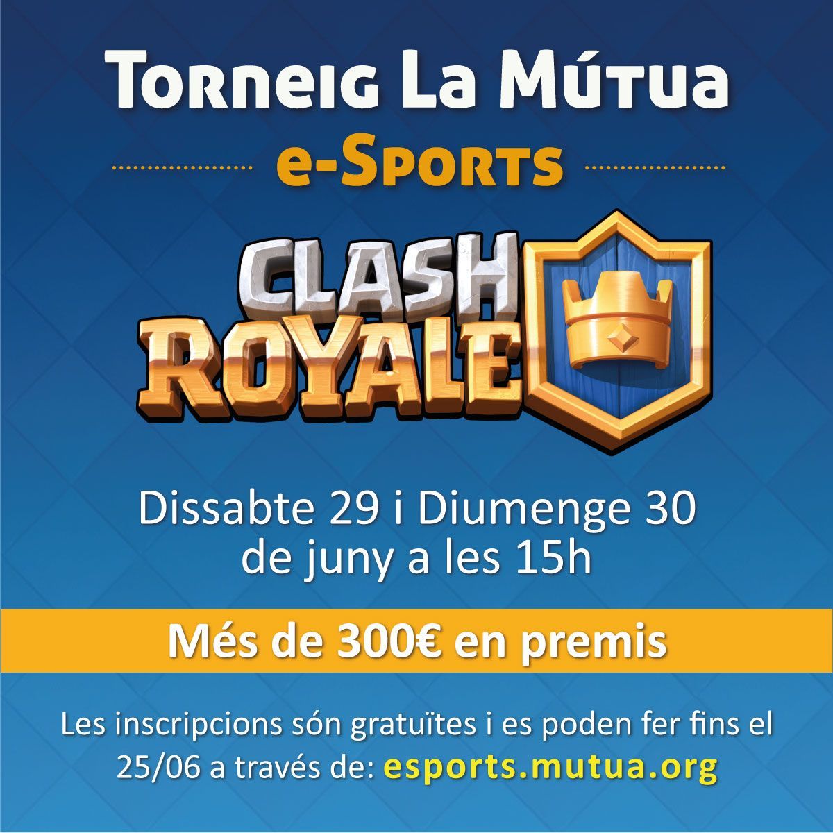 ❗️❗️❗️Recorda
🎮Organitzem el primer Torneig de CLASH ROYALE a nivell de Catalunya! El torneig online serà de modalitat 1vs1, 📲
🗓 29 i 30 de juny
Inscripcions 👉 buff.ly/2EJnTXK
#LaMutua #LaMutuaKids amb @esportsfun i <a href="/FedCatCR/">ClashRoyale.cat</a>