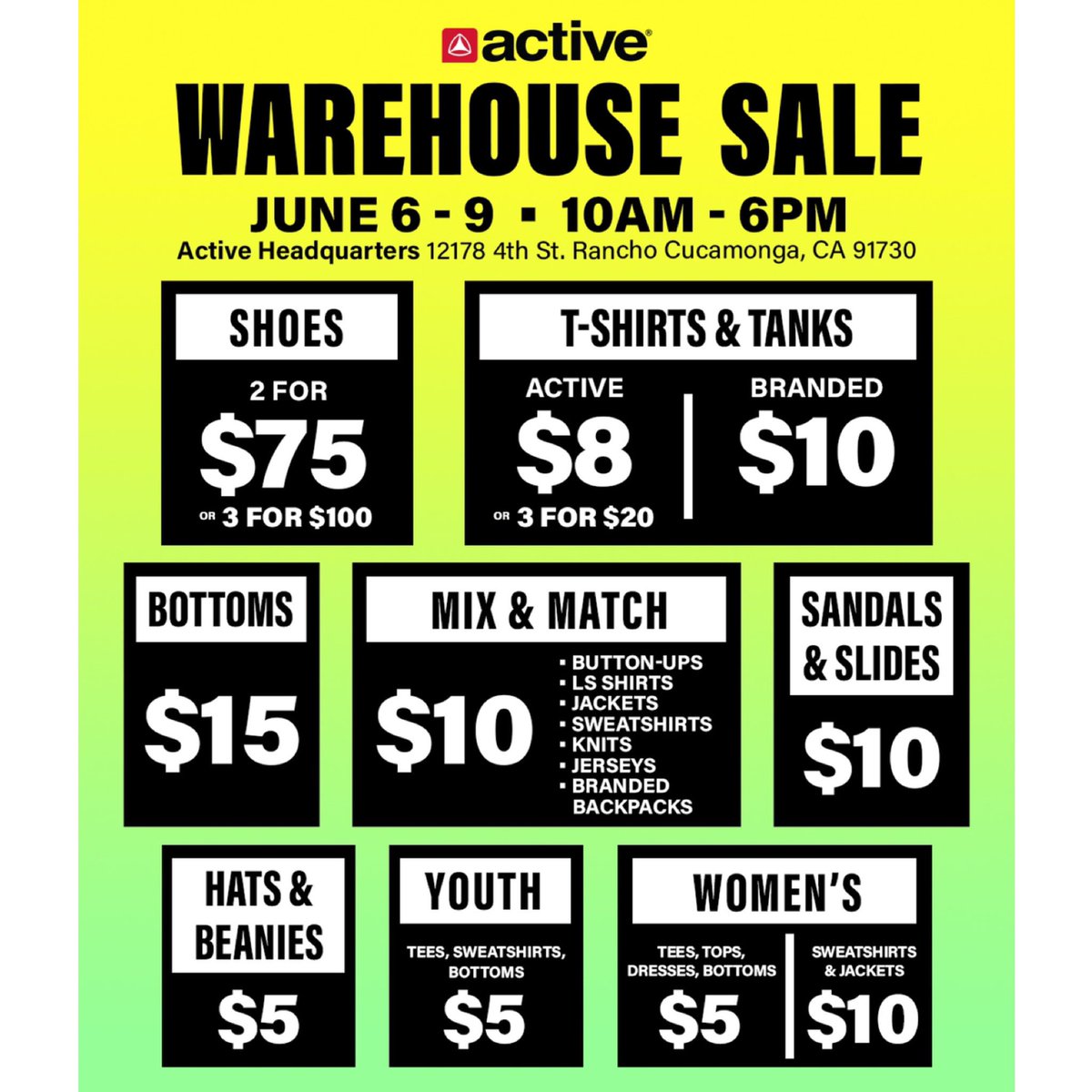 Don’t miss out on our warehouse sale! June 6-9 10 am - 6pm at the Active HQ.