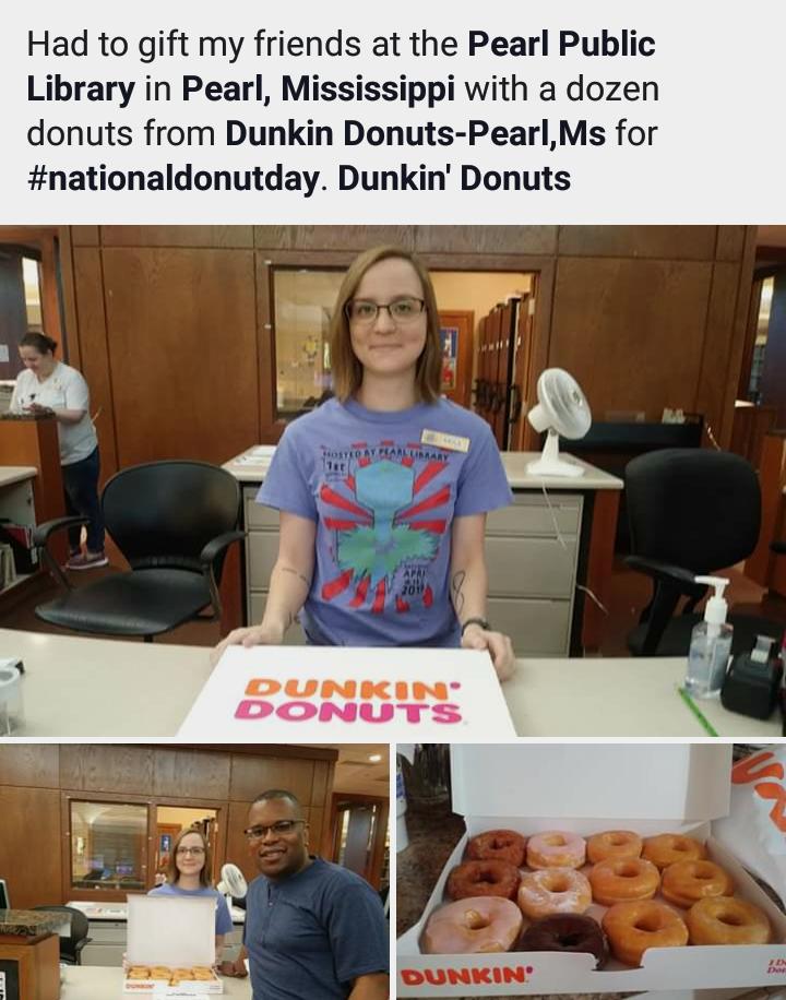 CyrusWebb's tweet photo. Gift my friends at the #PearlPublicLibrary in #PearlMS a dozen donuts from @DunkinMiss for #NationalDonutDay. #DunkinDonuts #DunkOut #getyourreadon #breakfastwithbooks @dunkindonuts #mississippi @16WAPTNews 16waptnews https://t.co/BKASMIA6o1