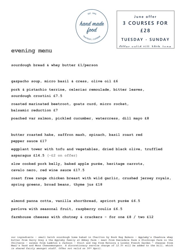 HandMadeFood's tweet image. June menu / loads of summer produce / 2 courses for £28