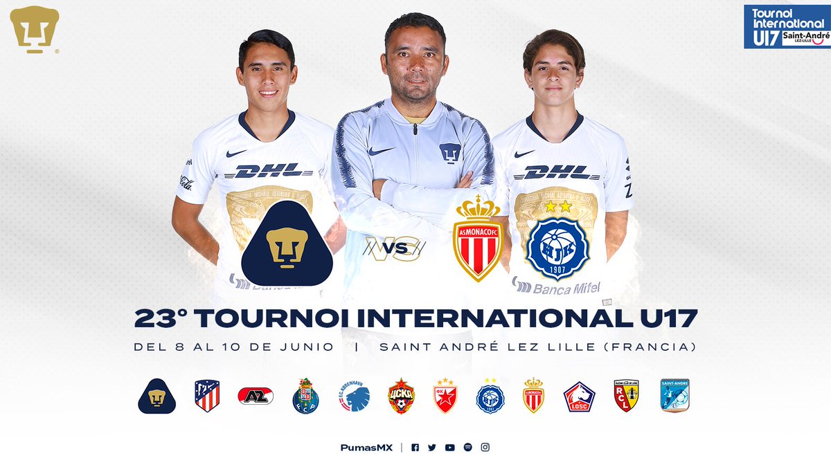 PumasMX's tweet photo. El día de mañana nuestros Pumas #Sub17 comenzarán la disputa del "Tournoi International de Football 2019" en Francia. 

Rivales: 

🆚Helsinki
🆚Mónaco 

¡Checa la información en nuestra nota!⬇️

📰 https://t.co/qAA7BLL7BR 📲

#UnidosVenceremos #VengaCantera #SoyDePumas https://t.co/4ZfrjP2Not