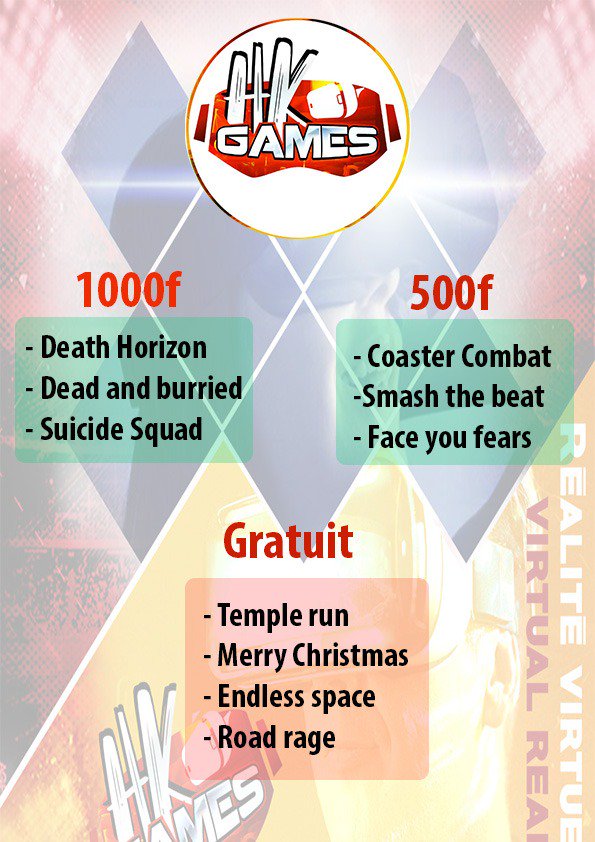 HKGames6's tweet photo. [#TarifsGames]

Ça sent les #Weekends 🍁🎉🎊✨

👨‍👨‍👧‍👦Avez-vous programmé une sortie entre ami.e.s ? 

Alors venez découvrir
 👉@HKGames6 , le Challenge est à relever .

🏘Dans le virage en face de l'école FLOT GERMAN (QUA Yantala).
📱97562494

Try to Make it #Real not #Virtual https://t.co/92KdU60haH
