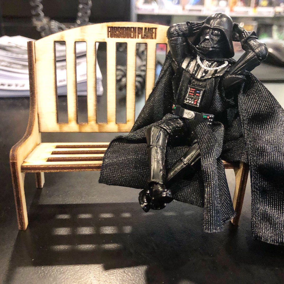 FPNYC's tweet photo. βIβve been waiting for you, Obi-Wan.β NEW #forbiddenplanetnyc wooden benches. Perfect for 6β or 3 3/4β figures. Reimagine the classics. Play #forestgump on them! Display toys in the most casual of settings! Just six bucks. #handassembled #engraved FP logo. #darthvader #starwars https://t.co/BZ2yIhBHRb