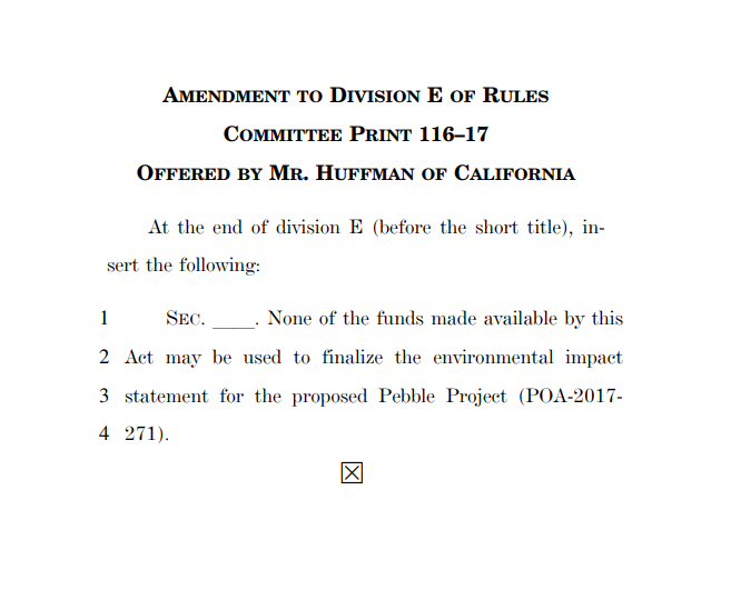 DylanBrown26's tweet photo. New @RepHuffman amendment to minibus spending bill that includes @USACEHQ would prohibit finalizing @PebbleProject EIS. 

More to come in @EENewsUpdates PM. https://t.co/oqeNC4HwKW