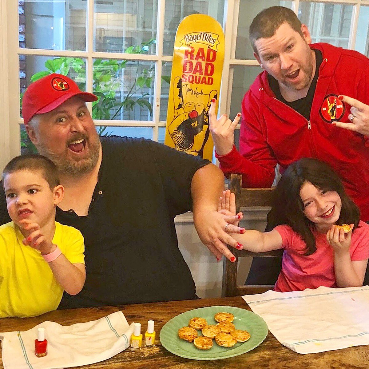 It's official! We've joined the #RadDadSquad #BagelBitesPartner Simone + Bosley gave us the most awesome, colorful manicures. We're so happy to let them be creative n go wild! We feel like kings bonding w/our kids, getting our nails done + enjoying our favorite <a href="/BagelBites/">Bagel Bites</a> snack!