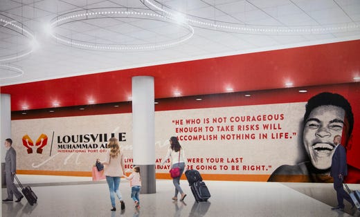 MuhammadAli's tweet photo. The newly named 'Louisville Muhammad Ali International Airport' and official logo was unveiled yesterday by Mayor Greg Fischer. There is no better way to honor #MuhammadAli than to invite people at the gateway of this remarkable city.  #AliWeek  #WhatIStandFor #GenerationAli https://t.co/B2D3X1sOC1